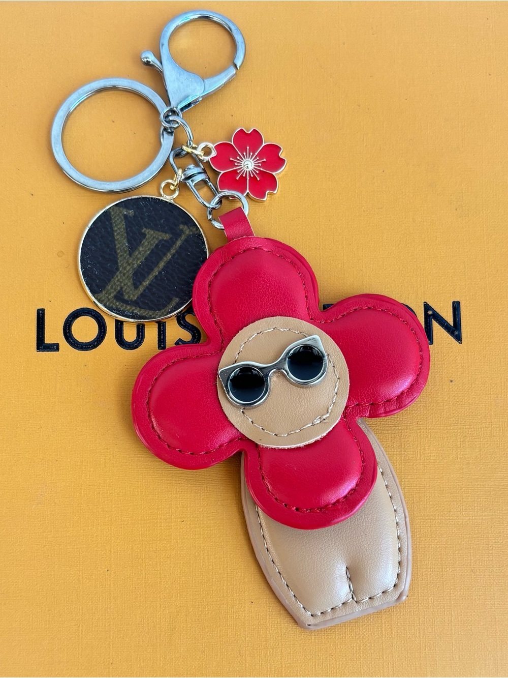 Louis Vuitton Monogram Disc Bag Charm, Red enamel flower, Upcycled,  6 inches